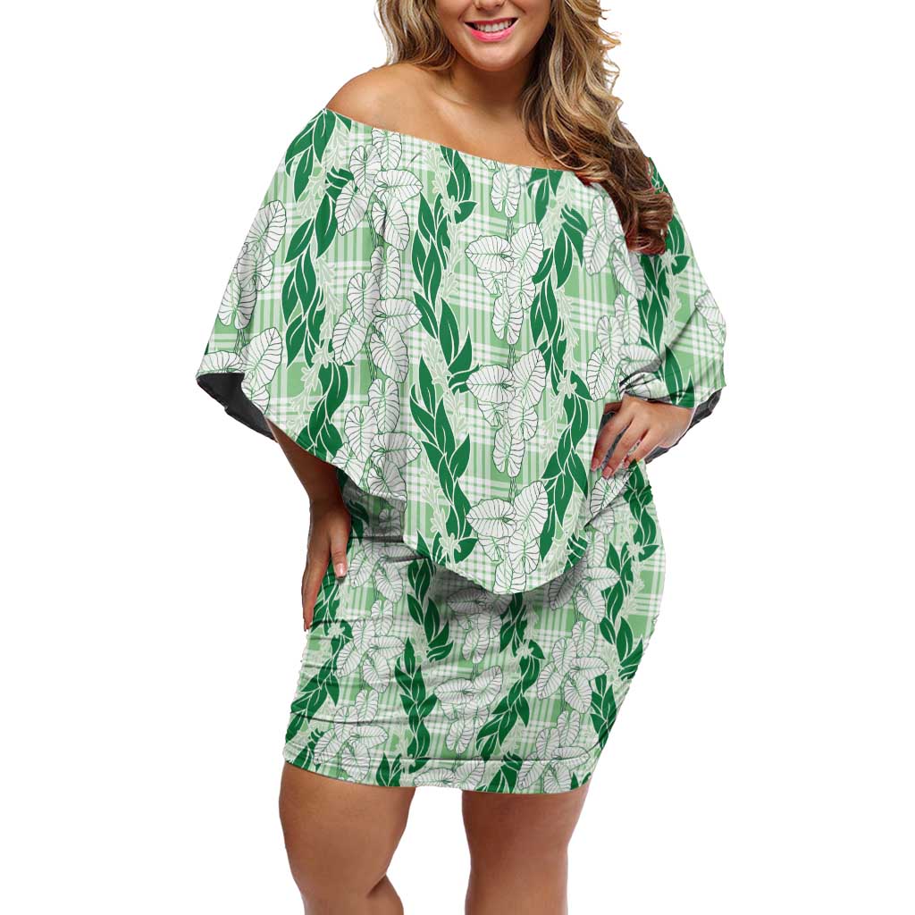 Hawaii Ti Leaf Maile Tuberose Lei Family Matching Off Shoulder Short Dress and Hawaiian Shirt With Hanalei Leaf Green LT05 Mom's Dress Green - Polynesian Pride