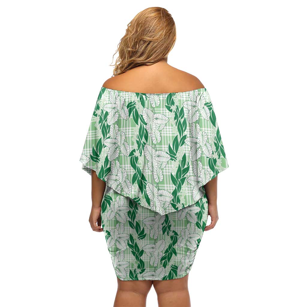 Hawaii Ti Leaf Maile Tuberose Lei Family Matching Off Shoulder Short Dress and Hawaiian Shirt With Hanalei Leaf Green LT05 - Polynesian Pride