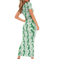 Hawaii Ti Leaf Maile Tuberose Lei Family Matching Short Sleeve Bodycon Dress and Hawaiian Shirt With Hanalei Leaf Green LT05 - Polynesian Pride