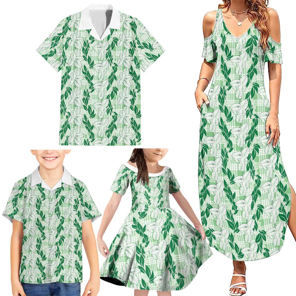 Hawaii Ti Leaf Maile Tuberose Lei Family Matching Summer Maxi Dress and Hawaiian Shirt With Hanalei Leaf Green LT05 - Polynesian Pride