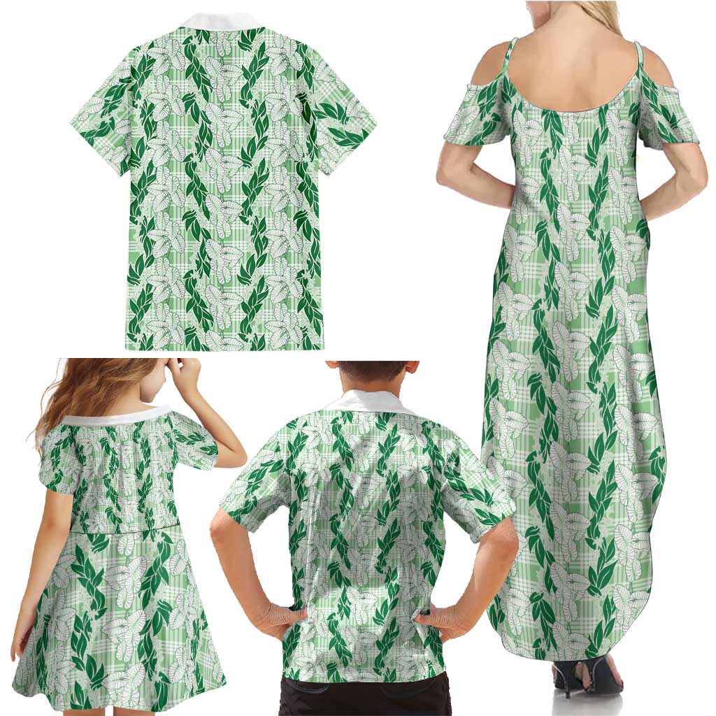 Hawaii Ti Leaf Maile Tuberose Lei Family Matching Summer Maxi Dress and Hawaiian Shirt With Hanalei Leaf Green LT05 - Polynesian Pride