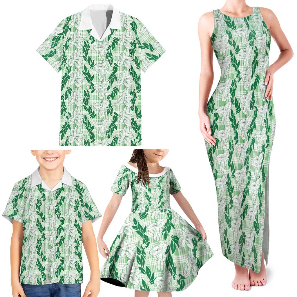 Hawaii Ti Leaf Maile Tuberose Lei Family Matching Tank Maxi Dress and Hawaiian Shirt With Hanalei Leaf Green LT05 - Polynesian Pride