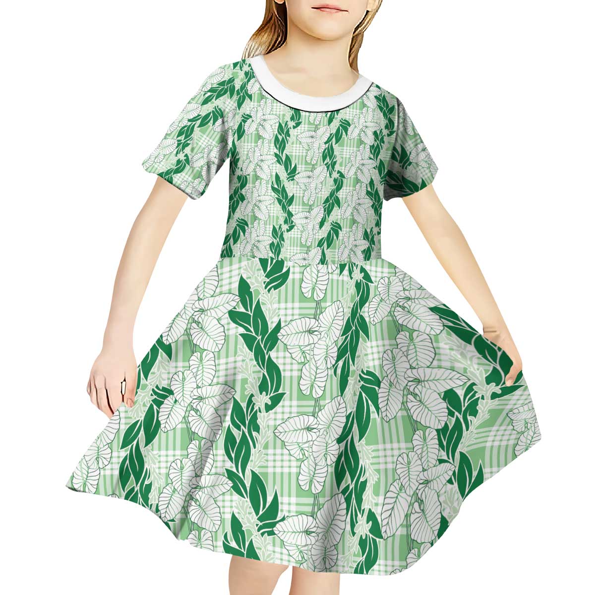 Hawaii Ti Leaf Maile Tuberose Lei Kid Short Sleeve Dress With Hanalei Leaf Green