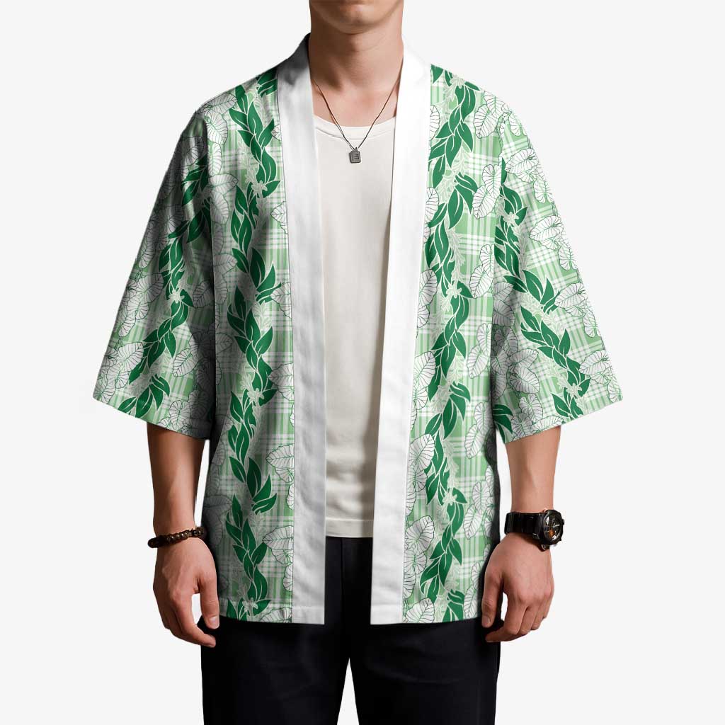 Hawaii Ti Leaf Maile Tuberose Lei Kimono With Hanalei Leaf Green