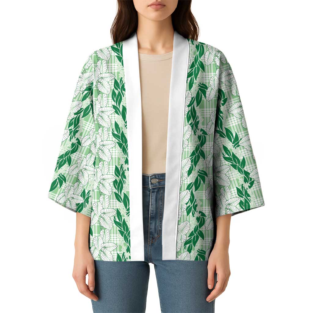 Hawaii Ti Leaf Maile Tuberose Lei Kimono With Hanalei Leaf Green
