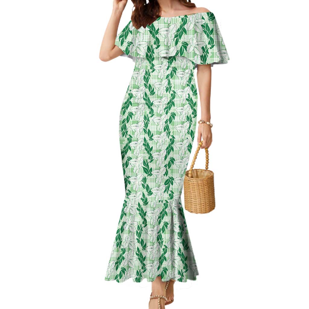 Hawaii Ti Leaf Maile Tuberose Lei Mermaid Dress With Hanalei Leaf Green