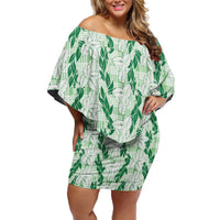 Hawaii Ti Leaf Maile Tuberose Lei Off Shoulder Short Dress With Hanalei Leaf Green