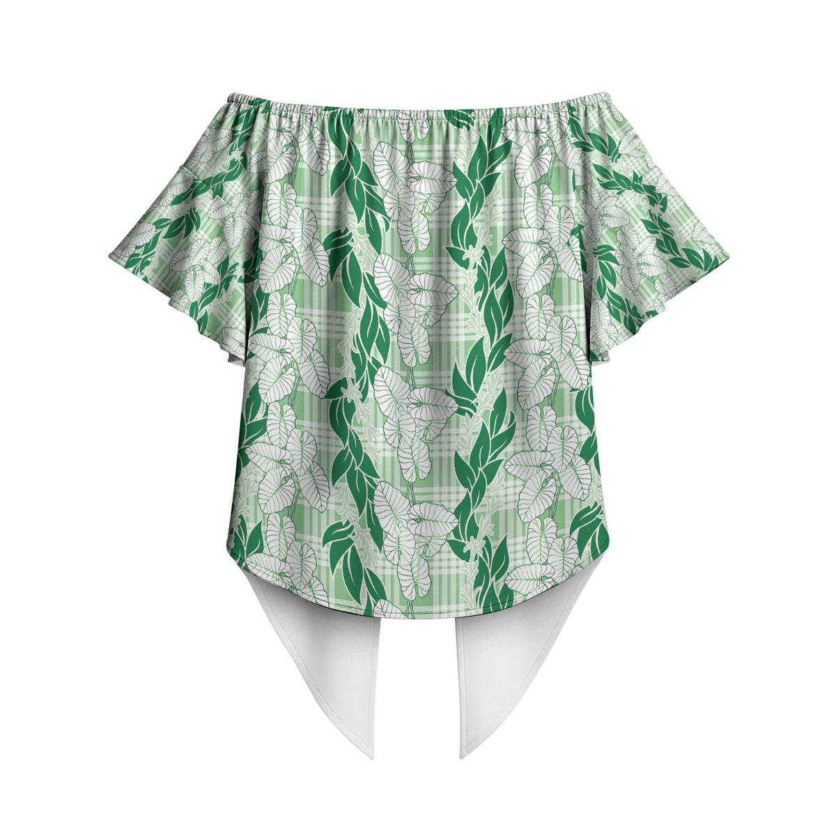 Hawaii Ti Leaf Maile Tuberose Lei Off Shoulder Wrap Waist Top With Hanalei Leaf Green LT05 - Polynesian Pride