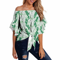 Hawaii Ti Leaf Maile Tuberose Lei Off Shoulder Wrap Waist Top With Hanalei Leaf Green LT05 - Polynesian Pride