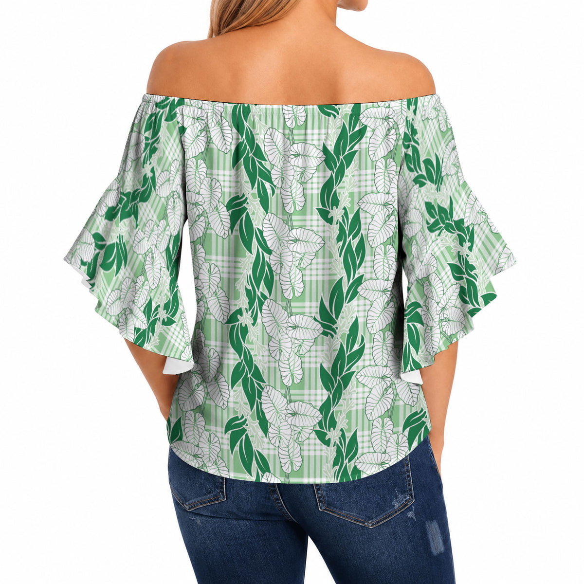 Hawaii Ti Leaf Maile Tuberose Lei Off Shoulder Wrap Waist Top With Hanalei Leaf Green LT05 - Polynesian Pride