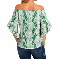 Hawaii Ti Leaf Maile Tuberose Lei Off Shoulder Wrap Waist Top With Hanalei Leaf Green LT05 - Polynesian Pride