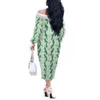 Hawaii Ti Leaf Maile Tuberose Lei Off The Shoulder Long Sleeve Dress With Hanalei Leaf Green