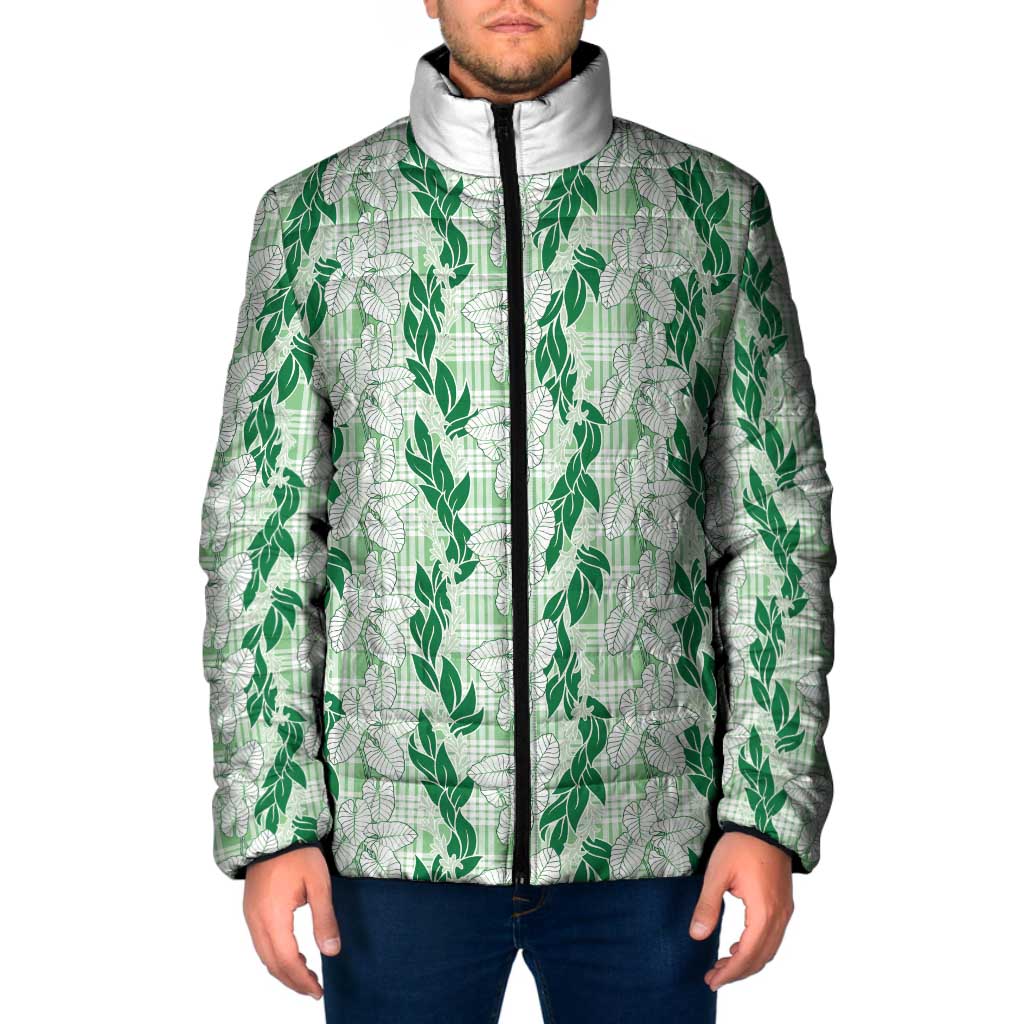 Hawaii Ti Leaf Maile Tuberose Lei Padded Jacket With Hanalei Leaf Green