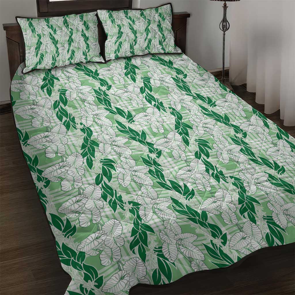 Hawaii Ti Leaf Maile Tuberose Lei Quilt Bed Set With Hanalei Leaf Green