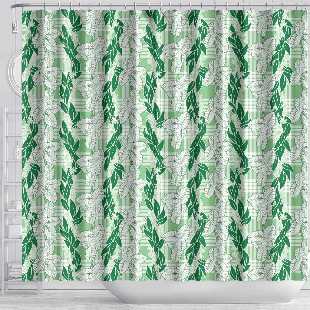 Hawaii Ti Leaf Maile Tuberose Lei Shower Curtain With Hanalei Leaf Green