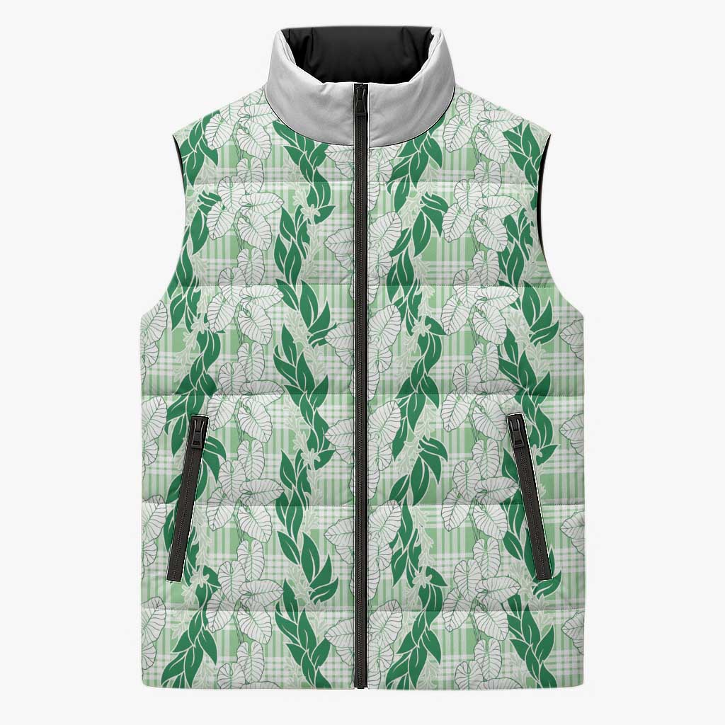 Hawaii Ti Leaf Maile Tuberose Lei Sleeveless Puffer Jacket With Hanalei Leaf Green