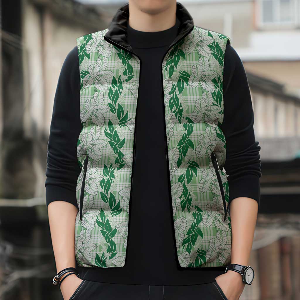 Hawaii Ti Leaf Maile Tuberose Lei Sleeveless Puffer Jacket With Hanalei Leaf Green