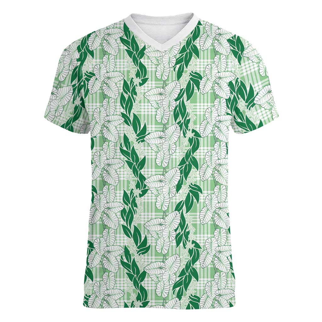 Hawaii Ti Leaf Maile Tuberose Lei Women V-Neck T-Shirt With Hanalei Leaf Green LT05 Female Green - Polynesian Pride