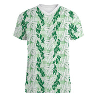 Hawaii Ti Leaf Maile Tuberose Lei Women V-Neck T-Shirt With Hanalei Leaf Green LT05 Female Green - Polynesian Pride