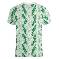Hawaii Ti Leaf Maile Tuberose Lei Women V-Neck T-Shirt With Hanalei Leaf Green LT05 - Polynesian Pride