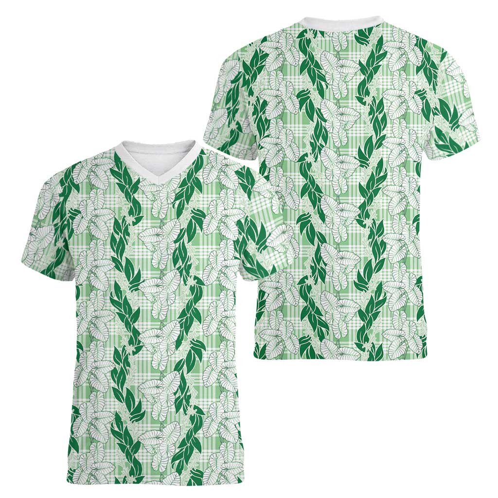 Hawaii Ti Leaf Maile Tuberose Lei Women V-Neck T-Shirt With Hanalei Leaf Green LT05 - Polynesian Pride