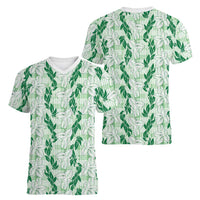 Hawaii Ti Leaf Maile Tuberose Lei Women V-Neck T-Shirt With Hanalei Leaf Green LT05 - Polynesian Pride