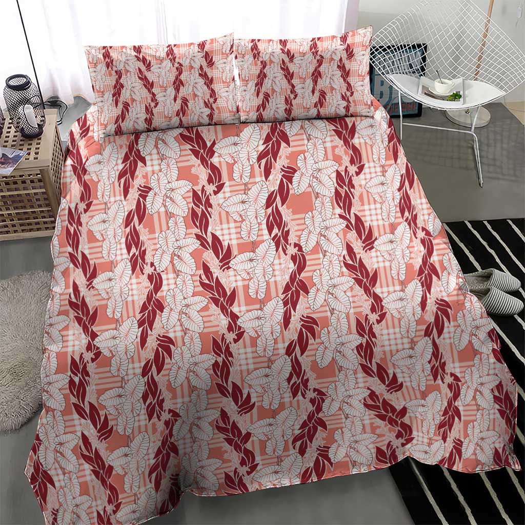Hawaii Ti Leaf Maile Tuberose Lei Bedding Set With Hanalei Leaf Red