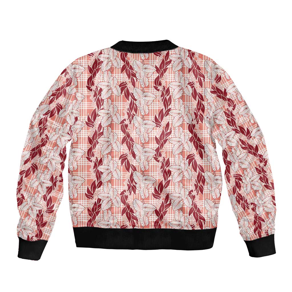 Hawaii Ti Leaf Maile Tuberose Lei Bomber Jacket With Hanalei Leaf Red