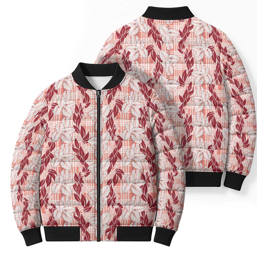 Hawaii Ti Leaf Maile Tuberose Lei Bomber Puffer Jacket With Hanalei Leaf Red