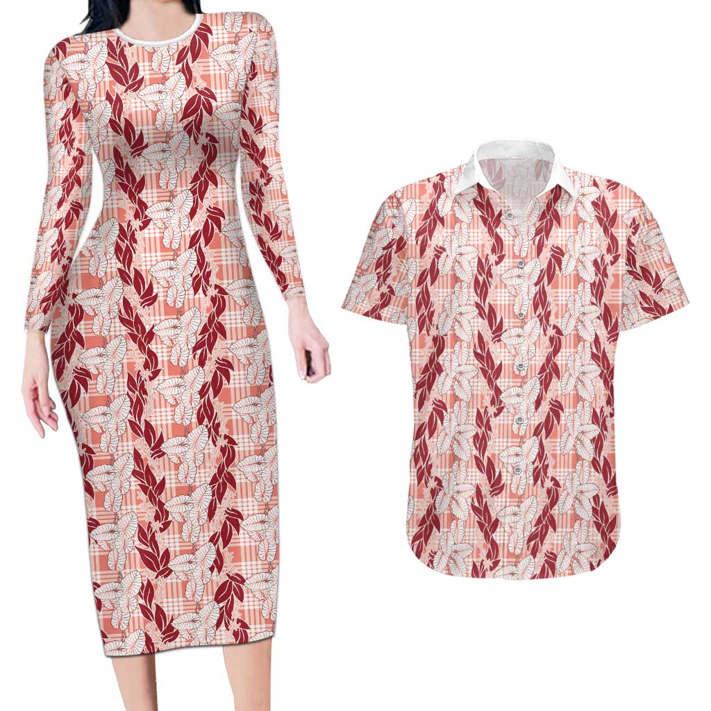 Hawaii Ti Leaf Maile Tuberose Lei Couples Matching Long Sleeve Bodycon Dress and Hawaiian Shirt With Hanalei Leaf Red LT05 Red - Polynesian Pride