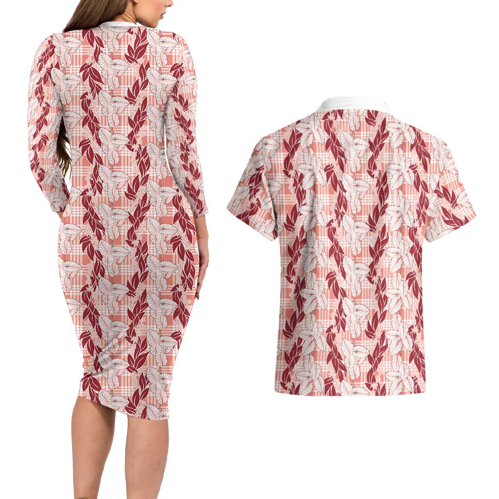 Hawaii Ti Leaf Maile Tuberose Lei Couples Matching Long Sleeve Bodycon Dress and Hawaiian Shirt With Hanalei Leaf Red LT05 - Polynesian Pride