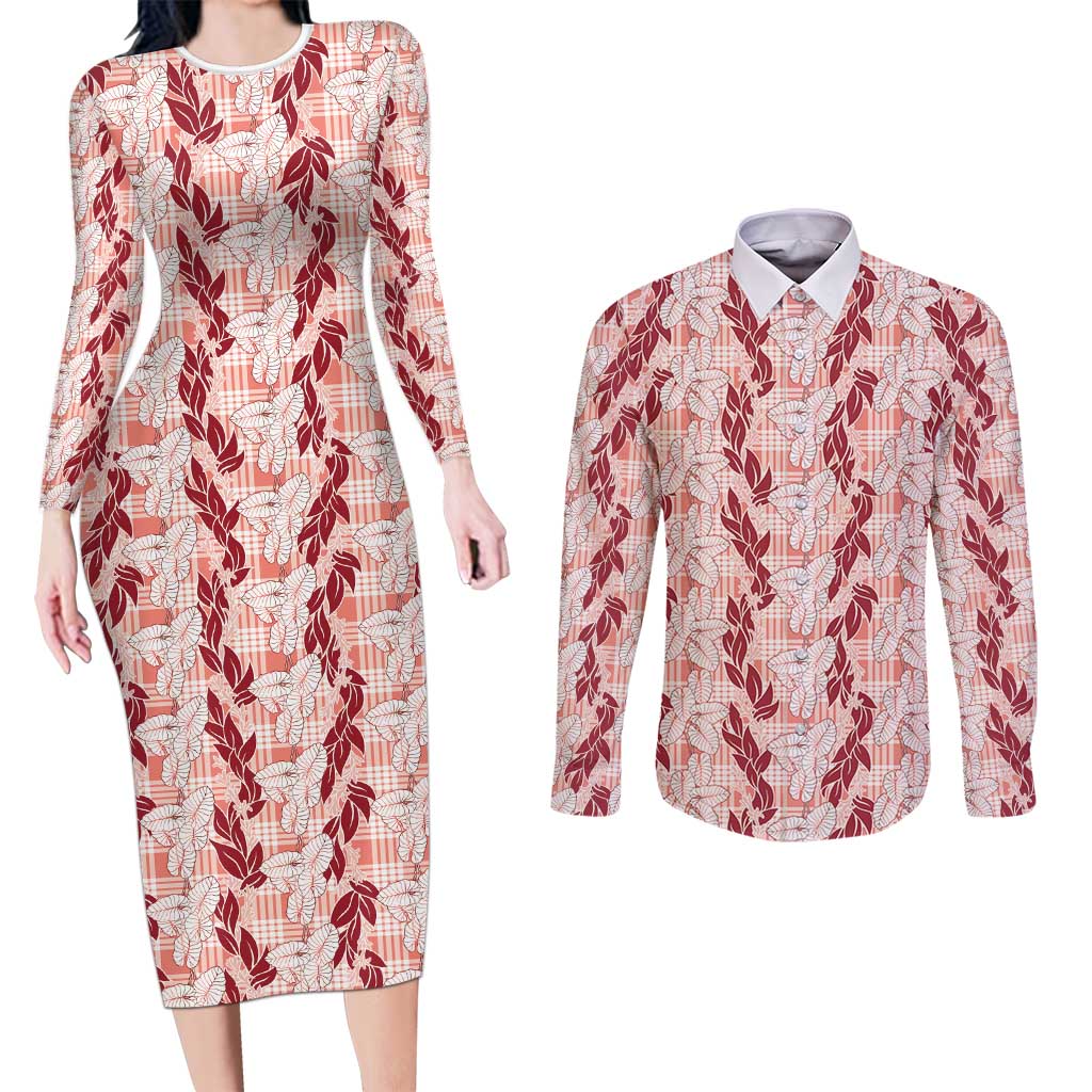 Hawaii Ti Leaf Maile Tuberose Lei Couples Matching Long Sleeve Bodycon Dress and Long Sleeve Button Shirt With Hanalei Leaf Red LT05 Red - Polynesian Pride