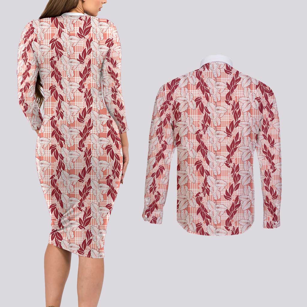 Hawaii Ti Leaf Maile Tuberose Lei Couples Matching Long Sleeve Bodycon Dress and Long Sleeve Button Shirt With Hanalei Leaf Red