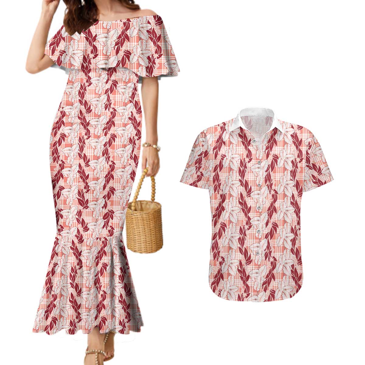 Hawaii Ti Leaf Maile Tuberose Lei Couples Matching Mermaid Dress and Hawaiian Shirt With Hanalei Leaf Red