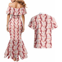 Hawaii Ti Leaf Maile Tuberose Lei Couples Matching Mermaid Dress and Hawaiian Shirt With Hanalei Leaf Red