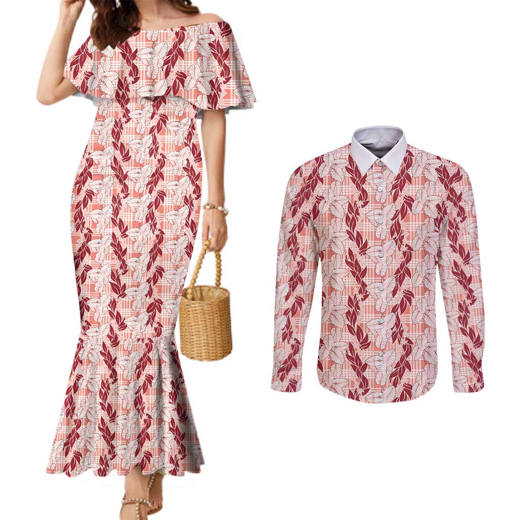 Hawaii Ti Leaf Maile Tuberose Lei Couples Matching Mermaid Dress and Long Sleeve Button Shirt With Hanalei Leaf Red LT05 Red - Polynesian Pride