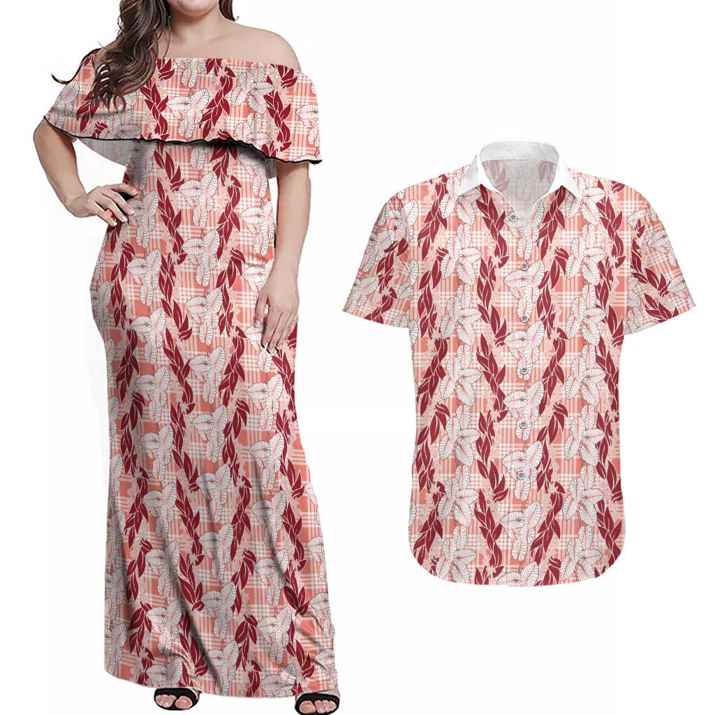 Hawaii Ti Leaf Maile Tuberose Lei Couples Matching Off Shoulder Maxi Dress and Hawaiian Shirt With Hanalei Leaf Red LT05 Red - Polynesian Pride