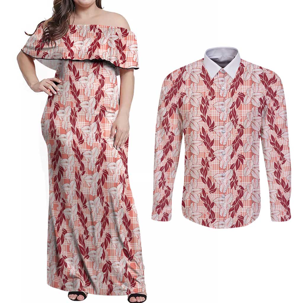 Hawaii Ti Leaf Maile Tuberose Lei Couples Matching Off Shoulder Maxi Dress and Long Sleeve Button Shirt With Hanalei Leaf Red LT05 Red - Polynesian Pride