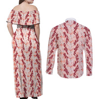 Hawaii Ti Leaf Maile Tuberose Lei Couples Matching Off Shoulder Maxi Dress and Long Sleeve Button Shirt With Hanalei Leaf Red