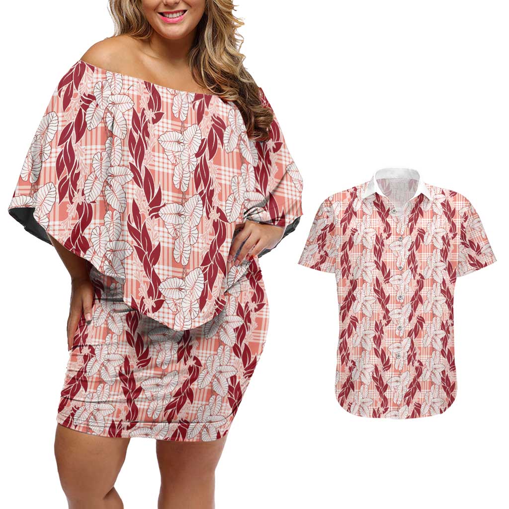 Hawaii Ti Leaf Maile Tuberose Lei Couples Matching Off Shoulder Short Dress and Hawaiian Shirt With Hanalei Leaf Red LT05 Red - Polynesian Pride