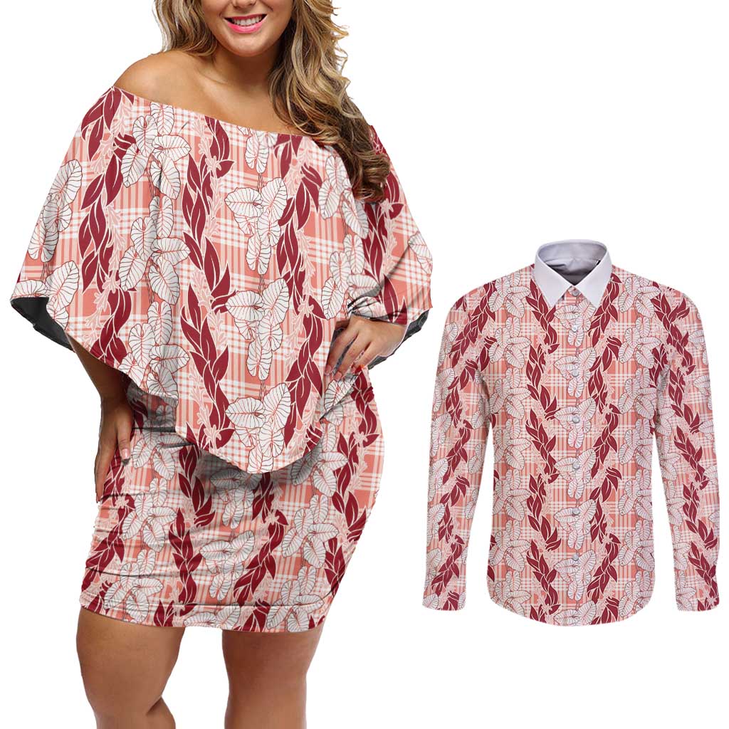 Hawaii Ti Leaf Maile Tuberose Lei Couples Matching Off Shoulder Short Dress and Long Sleeve Button Shirt With Hanalei Leaf Red LT05 Red - Polynesian Pride