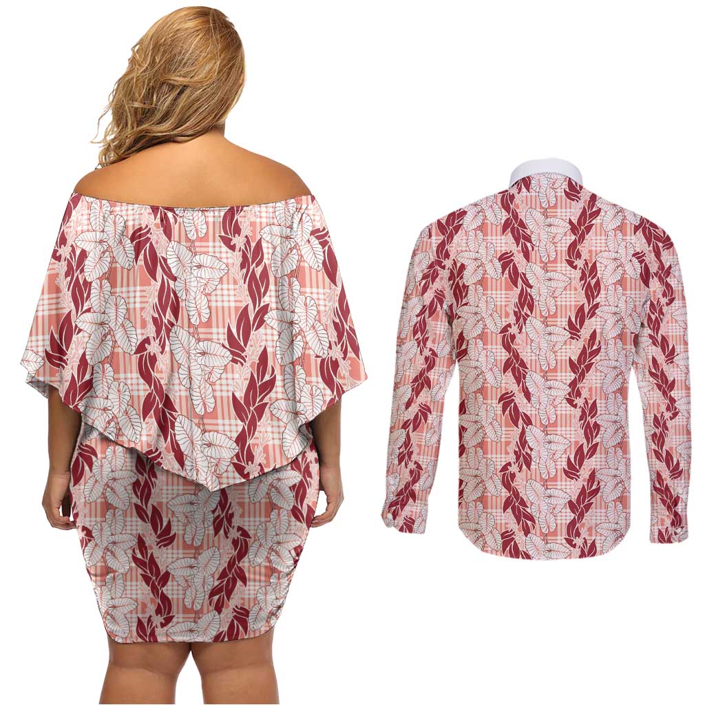 Hawaii Ti Leaf Maile Tuberose Lei Couples Matching Off Shoulder Short Dress and Long Sleeve Button Shirt With Hanalei Leaf Red