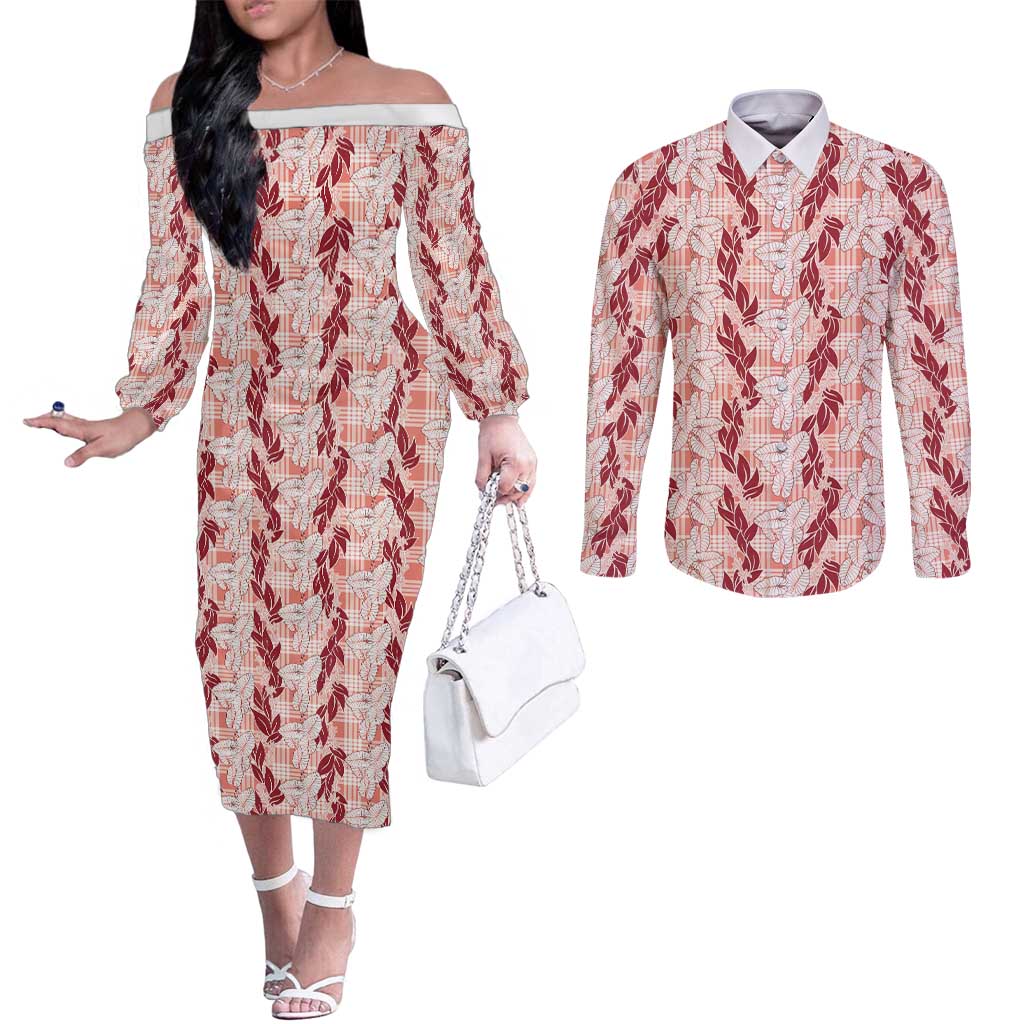 Hawaii Ti Leaf Maile Tuberose Lei Couples Matching Off The Shoulder Long Sleeve Dress and Long Sleeve Button Shirt With Hanalei Leaf Red LT05 Red - Polynesian Pride