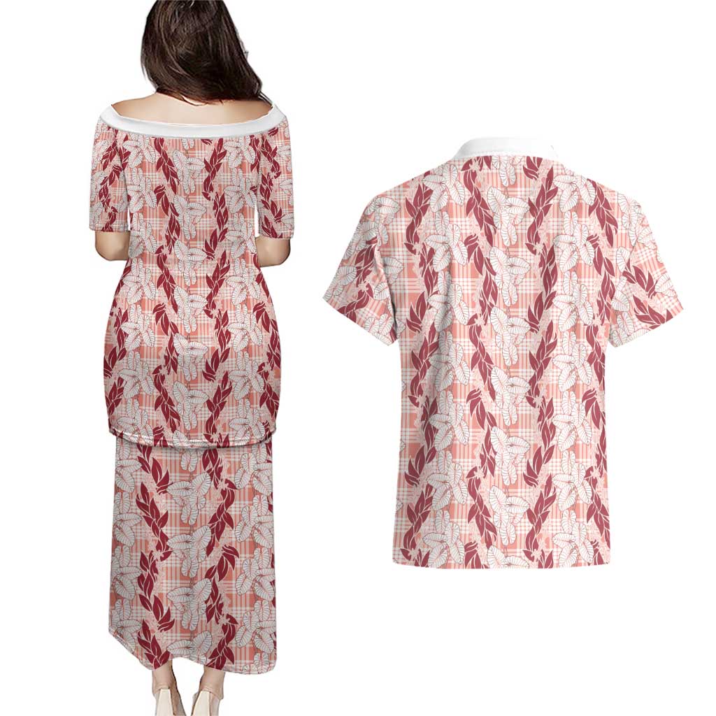 Hawaii Ti Leaf Maile Tuberose Lei Couples Matching Puletasi and Hawaiian Shirt With Hanalei Leaf Red