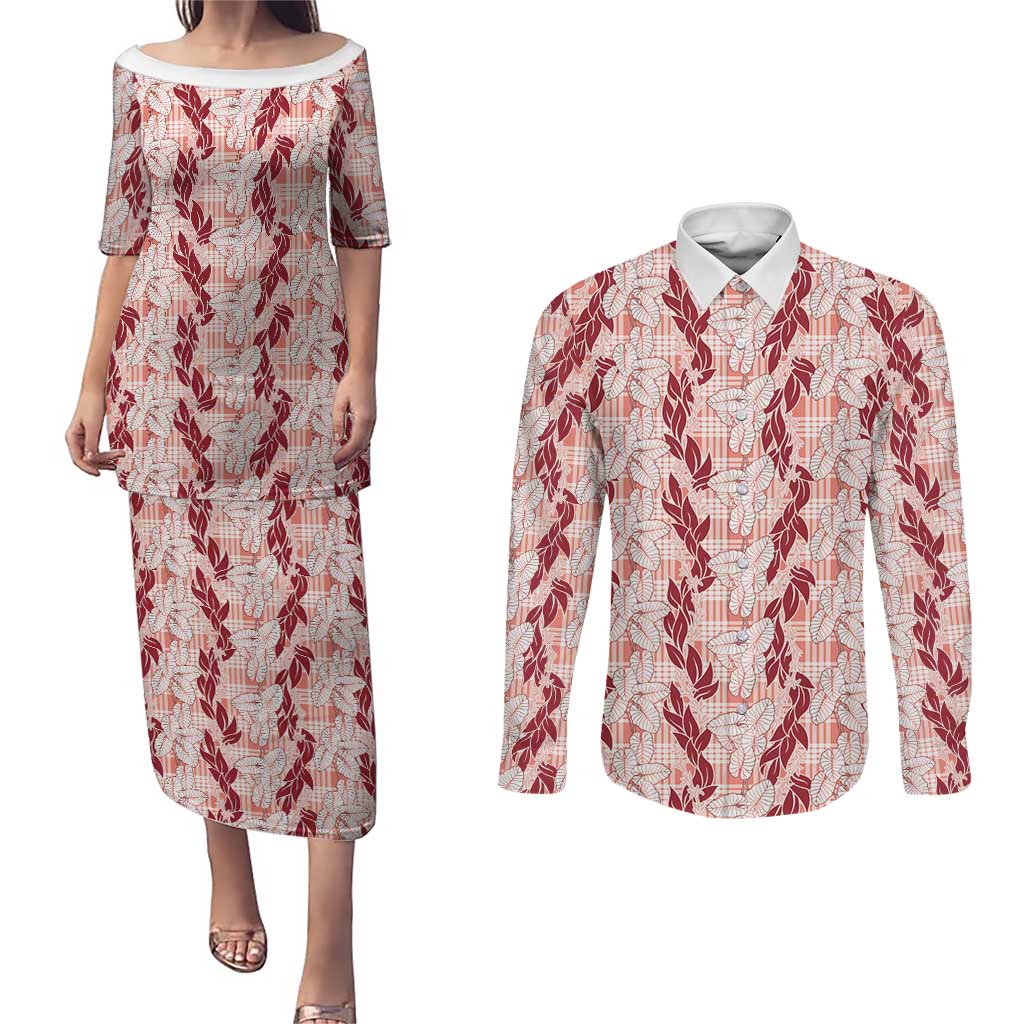 Hawaii Ti Leaf Maile Tuberose Lei Couples Matching Puletasi and Long Sleeve Button Shirt With Hanalei Leaf Red LT05 Red - Polynesian Pride