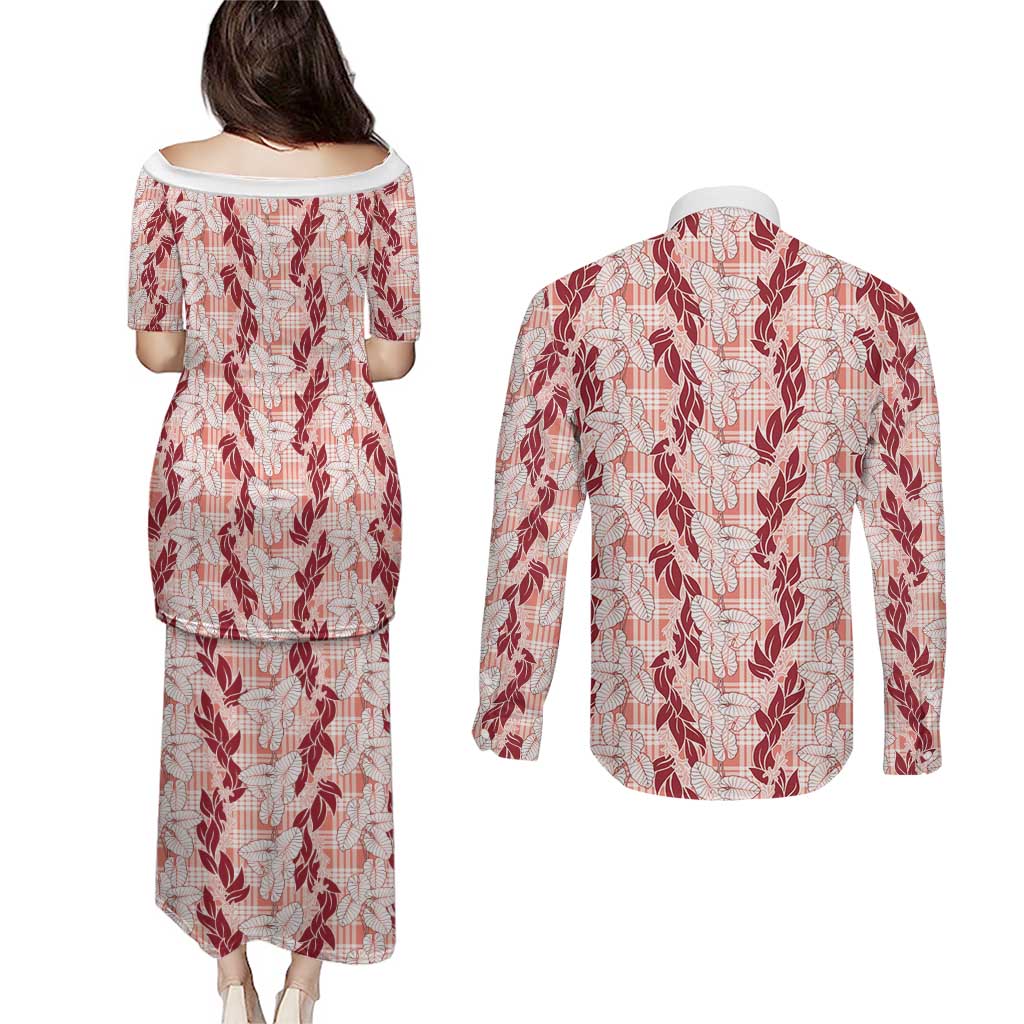 Hawaii Ti Leaf Maile Tuberose Lei Couples Matching Puletasi and Long Sleeve Button Shirt With Hanalei Leaf Red