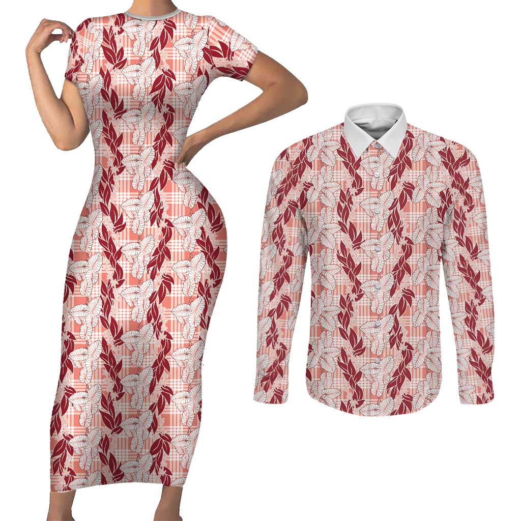 Hawaii Ti Leaf Maile Tuberose Lei Couples Matching Short Sleeve Bodycon Dress and Long Sleeve Button Shirt With Hanalei Leaf Red LT05 Red - Polynesian Pride