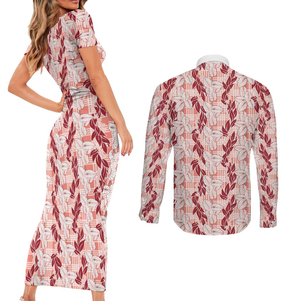 Hawaii Ti Leaf Maile Tuberose Lei Couples Matching Short Sleeve Bodycon Dress and Long Sleeve Button Shirt With Hanalei Leaf Red