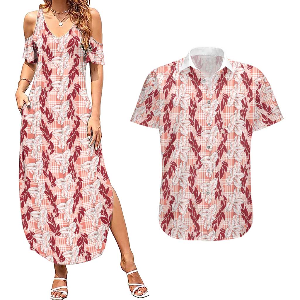 Hawaii Ti Leaf Maile Tuberose Lei Couples Matching Summer Maxi Dress and Hawaiian Shirt With Hanalei Leaf Red LT05 Red - Polynesian Pride