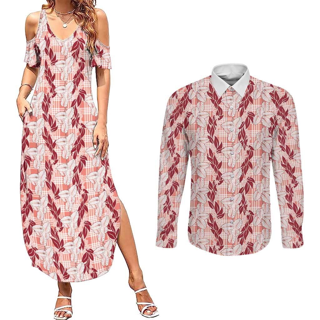 Hawaii Ti Leaf Maile Tuberose Lei Couples Matching Summer Maxi Dress and Long Sleeve Button Shirt With Hanalei Leaf Red LT05 Red - Polynesian Pride